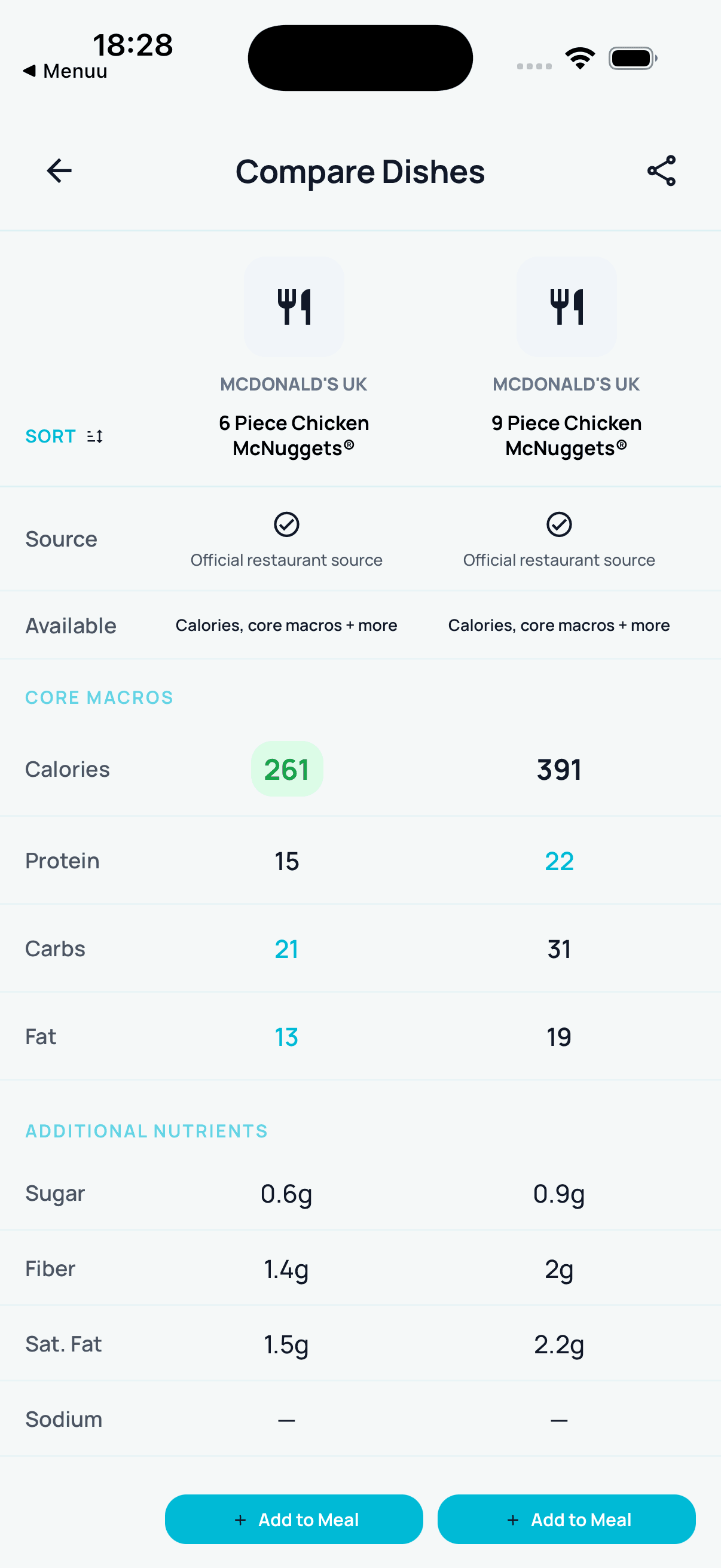 Compare dishes: Menuu app preview